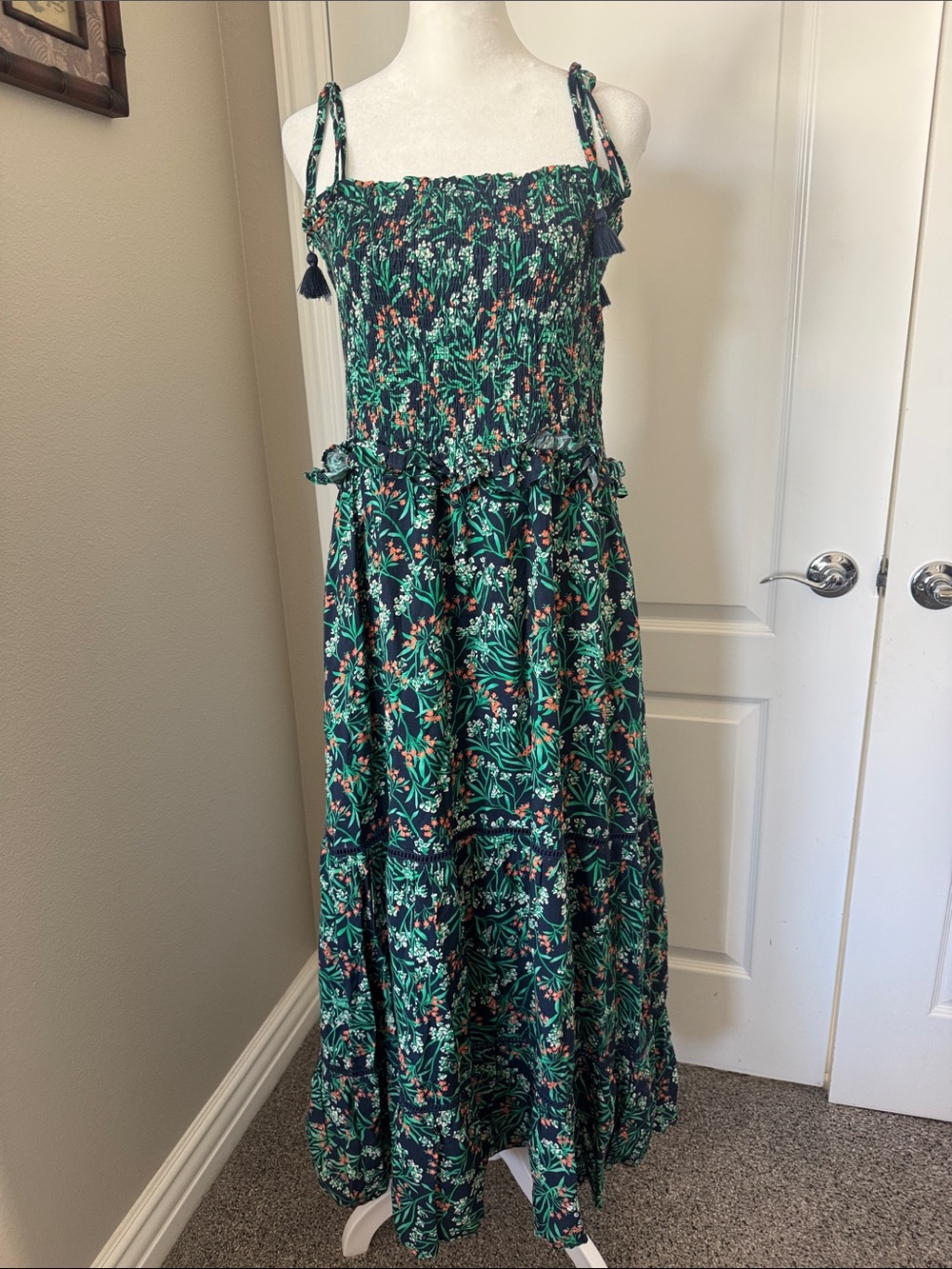 Wander Dark Green Floral Maxi Dress with Tie Straps